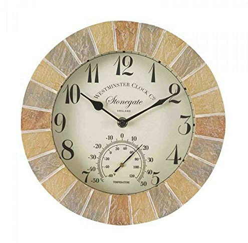 Contemporary Style Outside In Stonegate Wall Clock & Thermometer in Sandstone Effect, 25cm