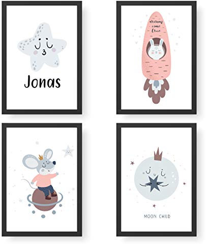 Papierdrachen 4 Premium Poster DIN A4 | Personalisierte Wandbilder für Kinderzimmer - Mond - hochwertige individualisierbare Kunstdrucke | Dekoration | Wandbild mit Namen
