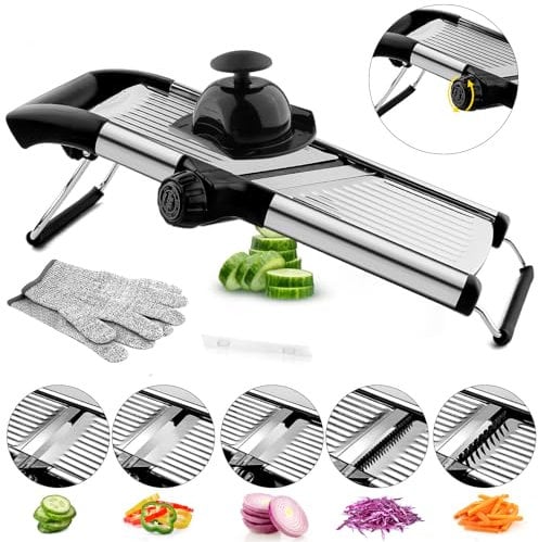 VEKAYA Mandoline Cuisine, Coupe Legumes Inox Professionnelle, Coupe Frites Manuel avec Protège Main et Gants de Sécurité, Mandoline Multifonctions avec Lames Réglable (Argent)