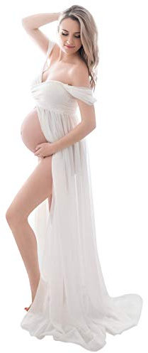 FEOYA Robes Enceintes Maternité Photographie Robe Sexy Longue Jupe en Mousseline de Soie Fente Avant pour Souvenirs Photographie Blanc S