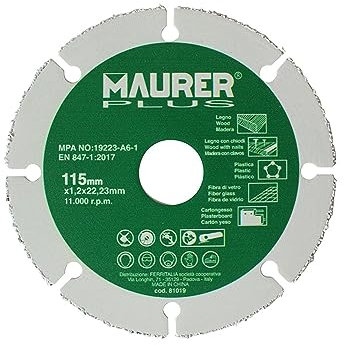 MAURER Disco De Corte Per Legno e Plastica Ø 115 x 1,2 mm, Carburo di Tungsteno, Multicolore, Per Smerigliatrice Angolare