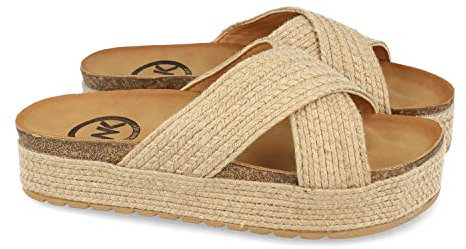 shoes&blues.es Sandalia Plana para Mujer, Forrada de Yute, Planta Anatomica, Palas Cruzadas, Talon Abierto, y Piso de Eva Primavera Verano 2021. Talla 40 Beige