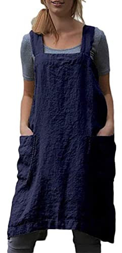 Damen Schürze, Kreuz Rücken, Schürze mit Taschen, Baumwolle Leinen Schürze Kleid Übergröße - Blau - X-Large