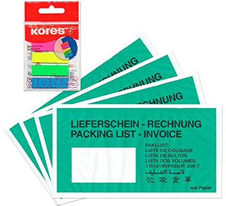 WPTrading - 1.000 x Lieferscheintaschen 228 x 120 mm in DIN-LANG Grün Lieferschein/Rechnung aus Papier inkl. 125 Page-Marker in 5 Farben - Dokumenten-Taschen Begleitpapiertaschen selbstklebend
