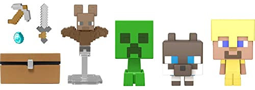 Mattel Minecraft Mob Head Minis Cave Explorers Pack with 2 Action Figures & Accessories, Steve & Creeper Collectible Set