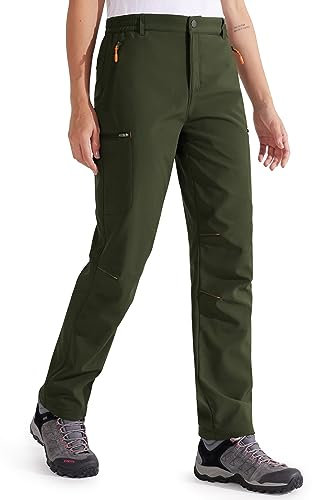 Libin Damen Wanderhose Thermohose Gefüttert Winter Outdoorhose Warme Softshellhose Wasserdicht Winddicht Skihose Trekkinghose, Army Green M