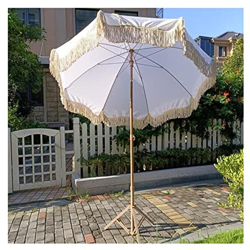 JJ Home Sombrilla de Playa con Flecos de ø200 cm, Blanca, a Prueba de Viento y Resistente a la Lluvia, Parasol para Exteriores, toldo, decoración de jardín, sombrilla para Patio, Piscina, césped