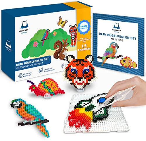 HELDENGUT® geliebtes Mega Bügelperlen Set mit 15 Farben [10.000 Midi Bügelperlen 5mm] - Bugelperlenset inkl. 3x Bügelperlen Platten & Vorlagen - Steckperlen Geschenk für Jungen & Mädchen