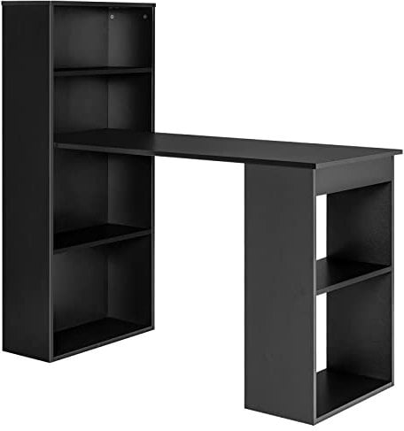 COSTWAY 122cm Computer Desk, Wooden PC Laptop Table Writing Workstation with 6-Tier Storage Bookshelves, Modern Home Office Working Study Desk (Black)