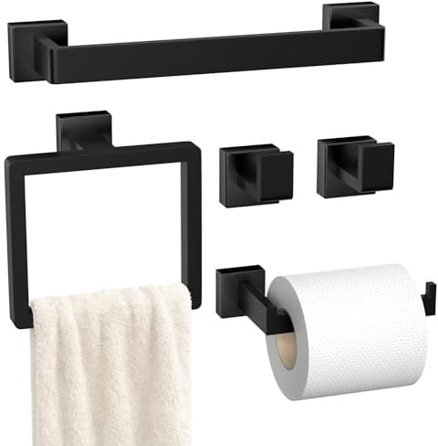 5-Pieces Matte Black Bathroom Hardware Accessories Set, SUS304 Stainless Steel Bath Towel Bar Set, Towel Racks for Bathroom Wall Mounted.