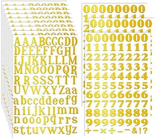 Prasacco 12 Sheets Gold Alphabet Letter Stickers, Adhesive Vinyl Alphabet and Number Stickers Small Craft Scrapbooking Sticker Letters for DIY Art Craft Printing Graduation Cap Decoration