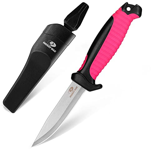Mossy Oak Fixed Blade Outdoor Knife with Sheath, 4-inch Stainless Steel Drop Point Blade, Outdoor Knives for Hunting, Fishing, Camping (Magenta)