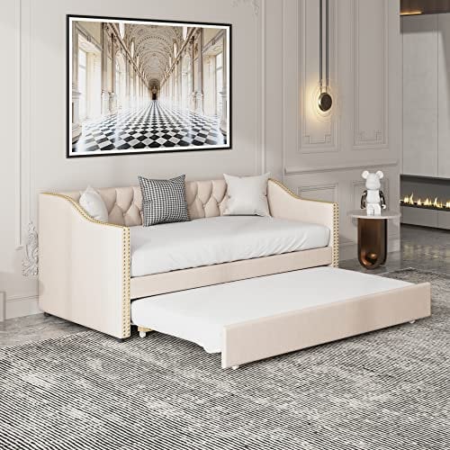 Merax Schlafsofa Polsterbett, Ausziehbares Bettsofa, 3-Sitzer Gästesofa mit Schlaffunktion, Leinenstoff, Liegefläche 90x200 cm, mit Armlehnen, Jugendbett Kinderbett Gästebett, Beige