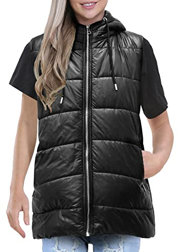 A2Z Ladies Adults Sleeveless Gilet Oversized Hooded Black Quilted Gilet Padded Long Line Vest Jacket Sleeveless Coat Urban Winter Wear