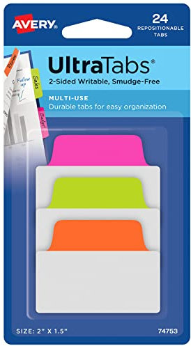 AVERY Zweckform Art. 74753 Haftstreifen transparent/neon (24 Haftnotizen, 50,8x38,1mm, beschreibbare Index Tabs Folie, ablösbare Klebezettel, Page Marker, Sticky Notes, Klebemarkierungen)