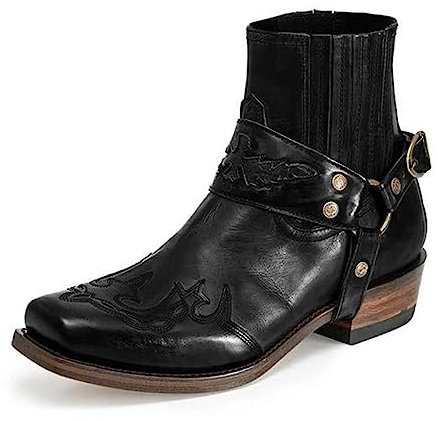 PEKMAR Stivali da Uomo Cowboy Western, Stivaletti Vintage in Pelle PU con Punta a Punta con Tacco Medio Stivali da Combattimento Stivali da Equitazione da Equitazione 38-48,Nero,41