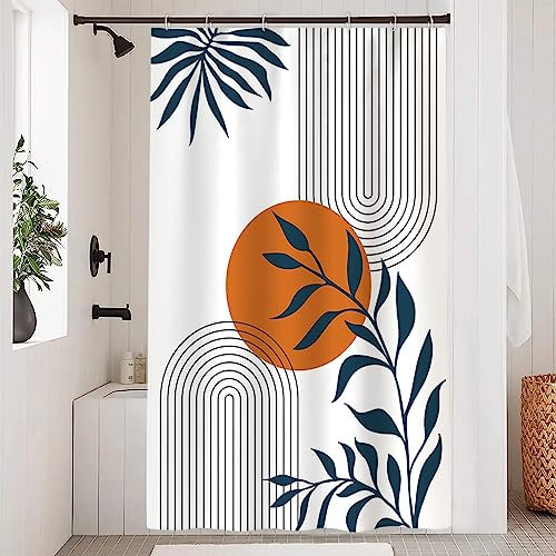 Uiiooazy Rideau Douche Anti Moisissure, Rideau de Douche 120x180cm Abstrait Soleil Terracotta Feuilles Bleu Rideaux de Baignoire Tissu Lavable Imperméable Rideaux Salle de Bain avec 8 Crochets