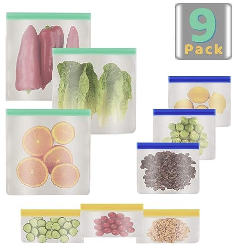 Dimono® Silikonbeutel Wiederverwendbare Zip-Beutel Lebensmittel- und Gefrierbeutel Druckverschluss Launch Bag für Gemüse, Obst, Fleisch & Süßwaren (3x 750 ml; 3x 1000 ml; 3x 1800 ml)