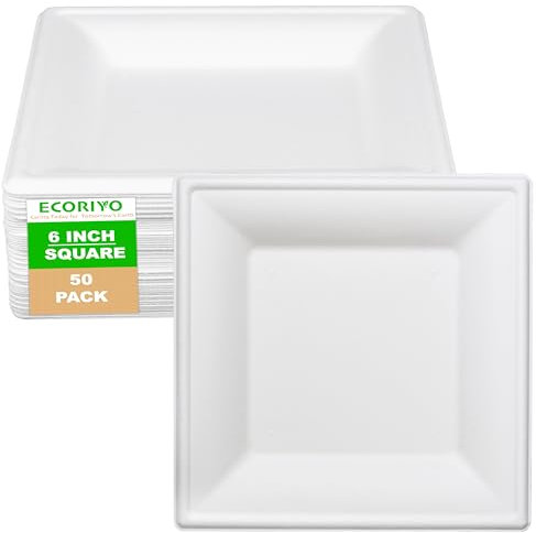 ECORIYO Eco Friendly Disposable 6-Inch Square Paper Plates - 50-Pack from Sugarcane - Freezer & Microwave Safe Picnic Plates - White
