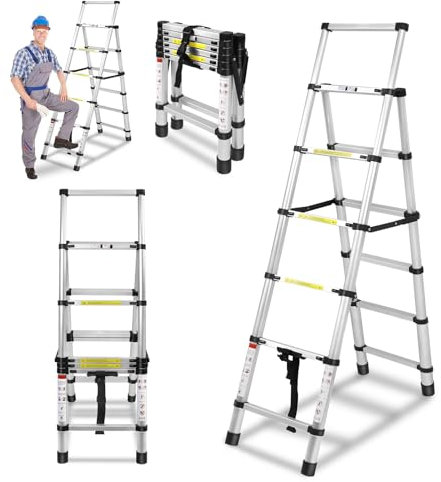 LZQ Scala telescopica 1,7 m + 2 m, in alluminio, telaio ad A, 6 + 7 gradini, scala multiuso, scala allungabile, antiscivolo, per arrampicata alta, portata 150 kg