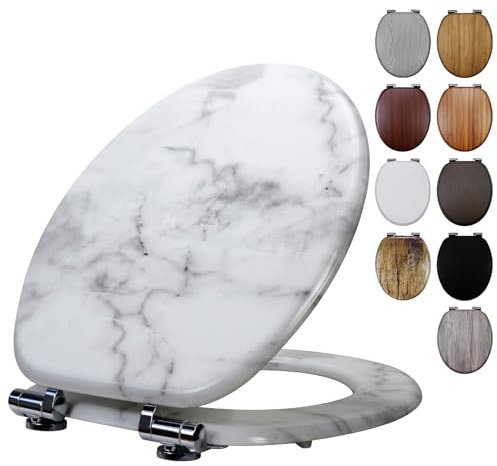 Fanmitrk Marble Wooden Toilet Seat with Soft Close Adjustable Solid Hinges, MDF Wood Oval Toilet Seat (Marble Effect)