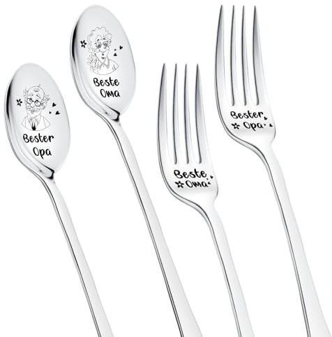 Nuenen 4 Stück Oma und Opa Geschenke mit 2 Stück Kaffeelöffel aus Edelstahl 2er-Gabeln mit Gravur Beste Oma und Opa Geburtstagsgeschenk Geschenke von Enkelkindern für Großeltern Muttertag Vatertag