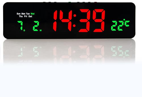 TruWare Just Camp Wanduhr Digital, LED Tischuhr mit Temperaturanzeige, Wecker Snooze, 12/24-Stunden-Anzeige, LED-Uhr, USB-C Uhr mit Datumsanzeige (Rot Grün)