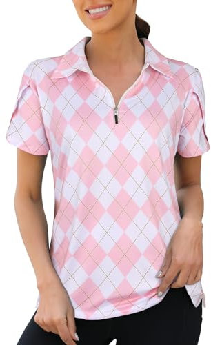 Flikity Polo Shirts for Women UK Ladies 1/4 Zip Up Womens Golf Shirt Short Sleeve Zip Up Stretchy Golf Tops Casual Argyle Print Summer Sports Tops Pink Argyle-XL