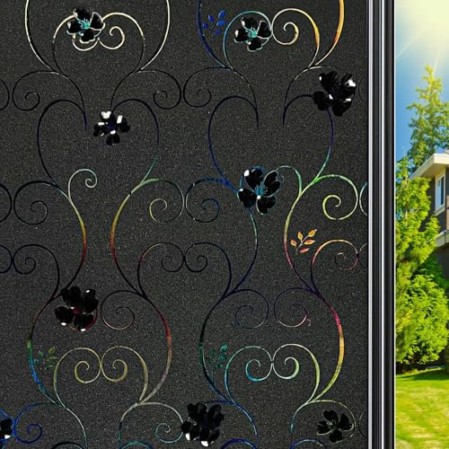 Qualsen Film Occultant Fenêtre 90x200cm, Effet Arc-en-Ciel 3D Film Fenêtre Anti Regard Motif de Fleurs Noires Brise Vue Fenêtre Électrostatique Dépoli Film Opaque Fenêtre pour Maison Bureau Chambre
