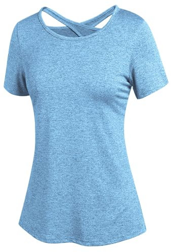 ADOME Sport Oberteile Damen Funktionsshirt Damen Kurzarm Laufshirt Rundhals Schnell Trocken Yoga Fitness Shirts Oberteile Backless Top Hellblau XL