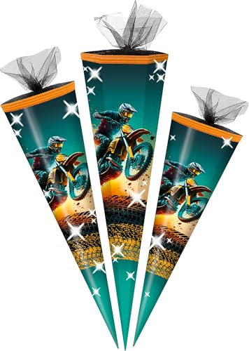 alles-meine.de GmbH Schultüte - mit 3D Glitzer - Effekt ! - BMX Motocross - Motorrad - 50-85 cm - Größe wählbar - Zuckertüte - Tüll Abschluß - eckig/rund - klein & groß - Ges..