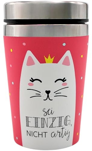 Dekohelden24 Thermobecher/Becher to go, Kaffeebecher, Isolierbecher, Reisebecher, Katze, Motiv: Sei einzig, Nicht artig, Maße H/ : 13,5 x 8,4 cm, Fassungsvermögen: 240 ml.