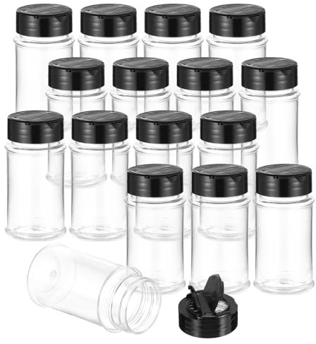 PATIKIL 2.7oz Plastic Spice Jars with Shaker Lids, 16 Pcs Refillable Empty Seasoning Containers Bottle with Black Cap for Storing Spice Salt Herbs Seasoning Powders Condiment, Clear