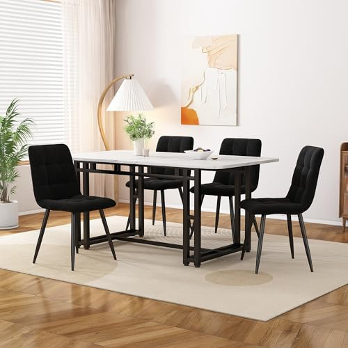 Ctastay Esstisch-Set mit 4 Stühlen 120x70 cm, Essgruppe mit 4 Stühlen aus Samt, Küchen-Esstisch für Zuhause & Familie, Schwarze Tischbeine + 4 Schwarz Stühlen