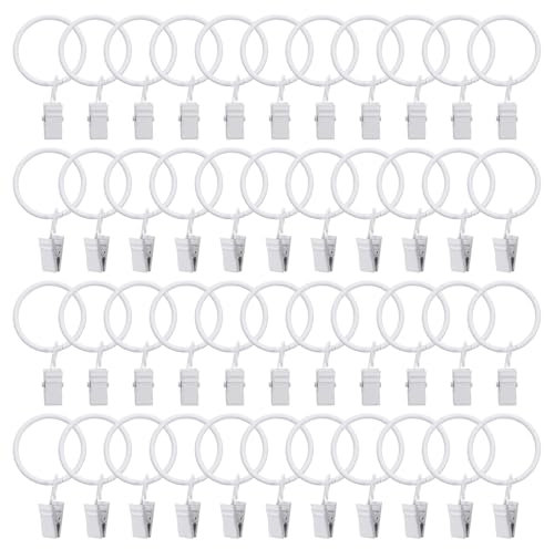 Sourcing Map Lot de 44 anneaux de rideaux avec clips, 3,3 cm de diamètre intérieur, crochets à clips pour suspendre des draperies, anneaux décoratifs vintage antirouille avec crochets, blanc