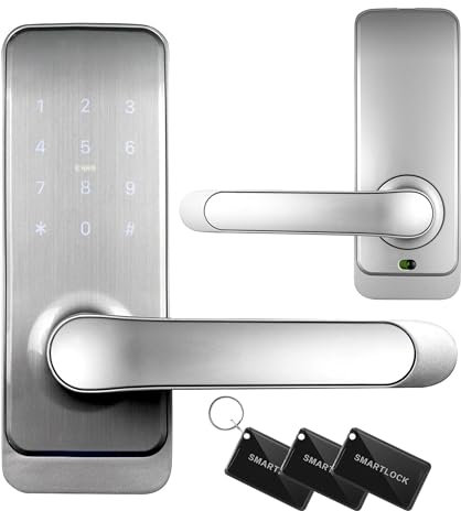 EURA ELH-51H4 Cerradura de puerta inteligente con manija Cerradura de código 13.56MHz Lector de proximidad IP65 Espaciado de cerrojo universal Plata