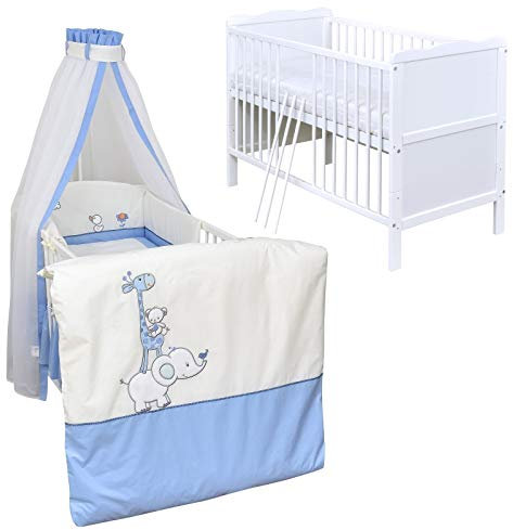 Generisch Baby Delux Babybett Komplett Set Kinderbett 60x120 cm umbaubar zum Juniorbett weiß 10-TLG Max Bettset Matratze Chiffonhimmel (Zirkus blau)