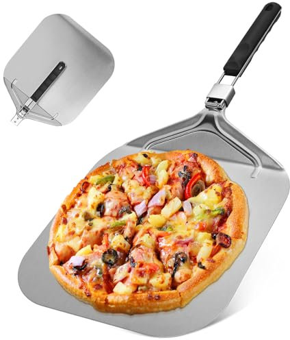 Zaxiva Pala Pizza Aluminio con Mango de Plástico Plegable, Herramienta Bandeja Pizza Horno de Soporte de Gran área de 32 x 32 cm, Fácil de Almacenar, Para Hornear Pizza en Horno Familiar, Masa