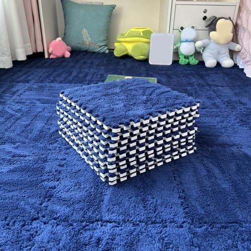 Thickened Soft Plush Foam Interlocking Floor Carpet Mat, 24 Pcs 12x12x0.4 Inch Fluffy Square Puzzle Foam Carpet Tiles with Edgings(Color:Navy)