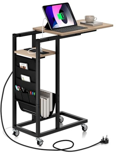 COSTWAY C Shaped Side Table with Charging Station, Rolling Sofa End Table with Retractable Top, Storage Bag and Wheels, Slim Laptop Bedside Table for Small Space, Living Room, Bedroom (Natural)
