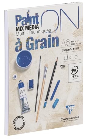 Clairefontaine 960063C - Zeichenblock Malblock PaintON à grain gekörnt, A6, kopfseitig geleimt, 15 Blatt, 250g, geeignet für Mixed Media, weiß, 1 Stück