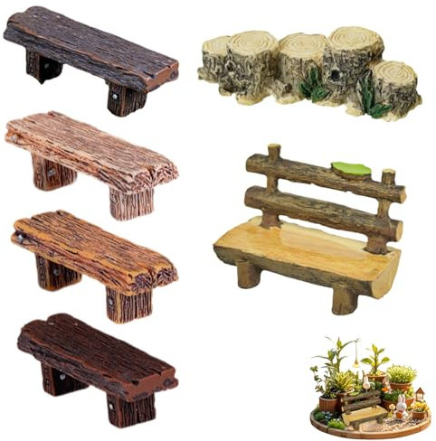 Banc Miniature pour Maison de poupée, Miniature Résine Bancs Fée Jardin Bonsaï Ornements Parc – 1 Long Banc, 1 Pont Bois, 3 Bancs Doubles, 1:12, Multicolore, Idéal Décoration Micro Jardin