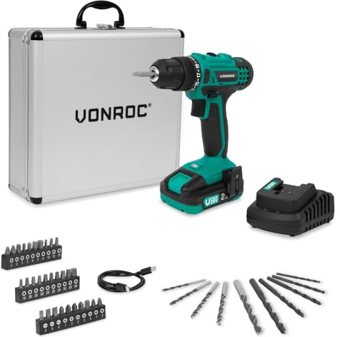 VONROC Akku-Bohrmaschine, 20 V, 19 Einstellungen + Bohrmodus, Akku 2,0 Ah, Ladegerät und 46 Zubehörteile im Premiumkoffer