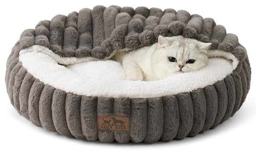 COZY KISS Cat Bed with Blanket for Small Cats & Dogs, 58cm Donut Cave, Grey | Donut Cat Bed with Blanket, Washable, Non-Slip, Faux Fur, Head Support, Anxiety Relief, for Small Cats & Dogs, 15cm H, Grey