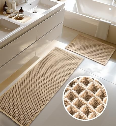 Großer Badteppich Set, Badezimmerteppich Set 2 Teilig, Rutschfeste Badematte, Boho Badezimmermatte, Waschbar Duschvorleger für Wohnzimmer Schlafzimmer Badezimmer, Bad Deko, 51 x 120 cm + 41 x 61 cm