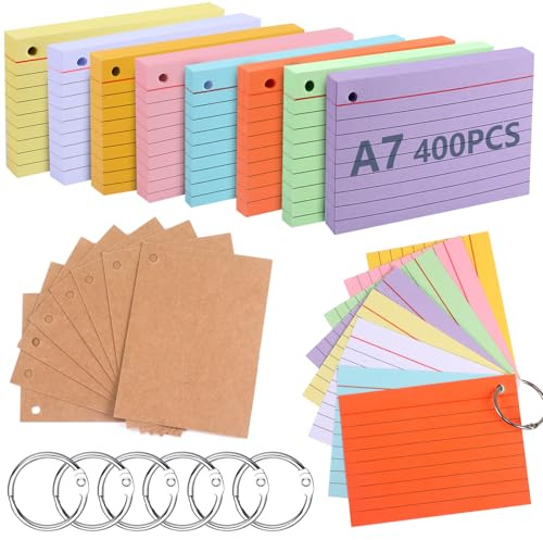moinkerin Karteikarten 400 Stücke 4.13 * 2.91 Inch Mehrfarben Lernkarten Flashcards mit 6 Binderingen 8 Kraftpapier Karteikarten für Büro Haus Schule Lernen Linierte Karteikarte