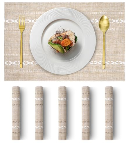 Tischset 6er Set Abwaschbar Platzsets Boho Rechteckig Bauernhaus-Stil Tischset Platzset für Hause Küche Restaurant und Hotel Gelb