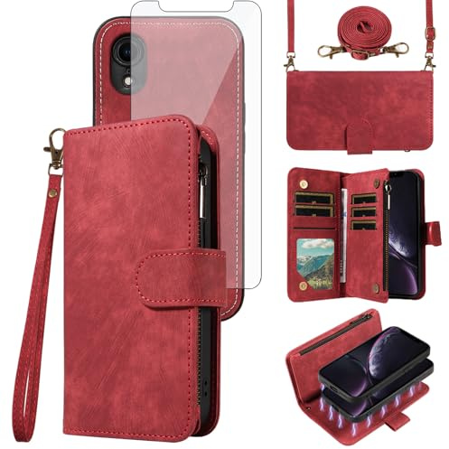 Phone Case for iPhone XR 6.1 Zipper Wallet Magnetic Detachable Cell Cover with Screen Protector Crossbody Lanyard Strap Card Holder iPhoneXR iPhone10R i Phonex 10XR 10R RX CR iPhoneXRcases Women Red
