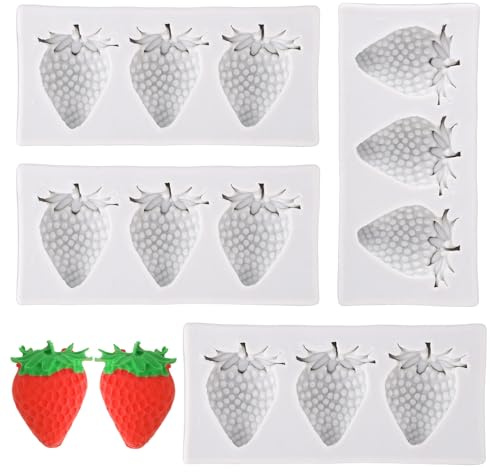 4pce Moules 3D Silicone de Fraise, Mini Moules à Fruits pour Décoration de Gâteaux Cupcakes Chocolat Fondant Bonbons Gelée Pâte Polymère et Pâte à Sucre