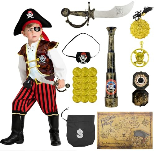 Xerteam 5-Tellges Set Piratenkostum Kinder, 22pcs Piraten-Zubehor, Pirate Deko Kindergeburtstag, Rollenspielkostume fur Kinder, Halloween Kostom fur Kinder3-6